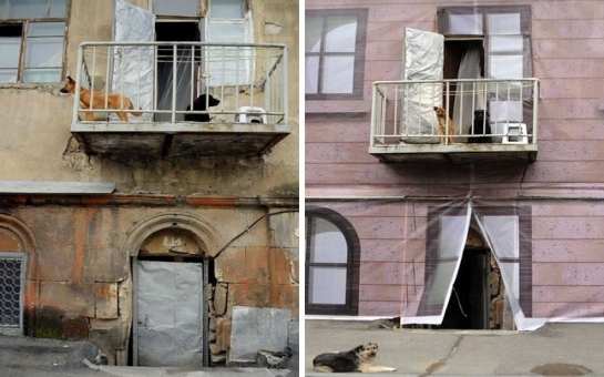 Dilapidated buildings in Yerevan "camouflaged" before Hollande visit