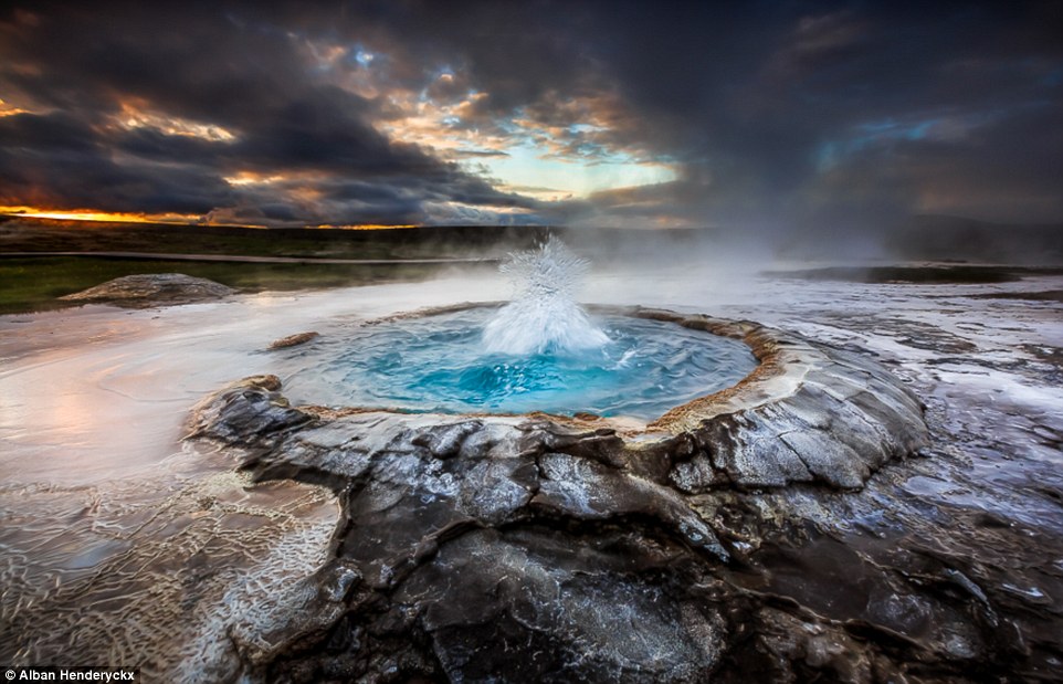 Beautiful hot springs and moment Icelandic geysers bubble