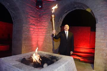 President Aliyev Captures Baku 2015 European Games Flame at Ancient Temple, Ateshgah