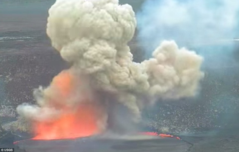 Hawaiian volcano explodes as crater wall collapses causing flaming lava lake blast