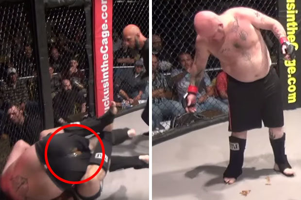 Toe-curling moment cage fighter is beaten so hard he poos himself in the ring