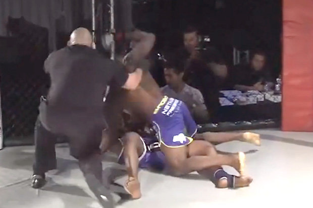 MMA fighter pummelling KOed opponent on floor gets shock of his life