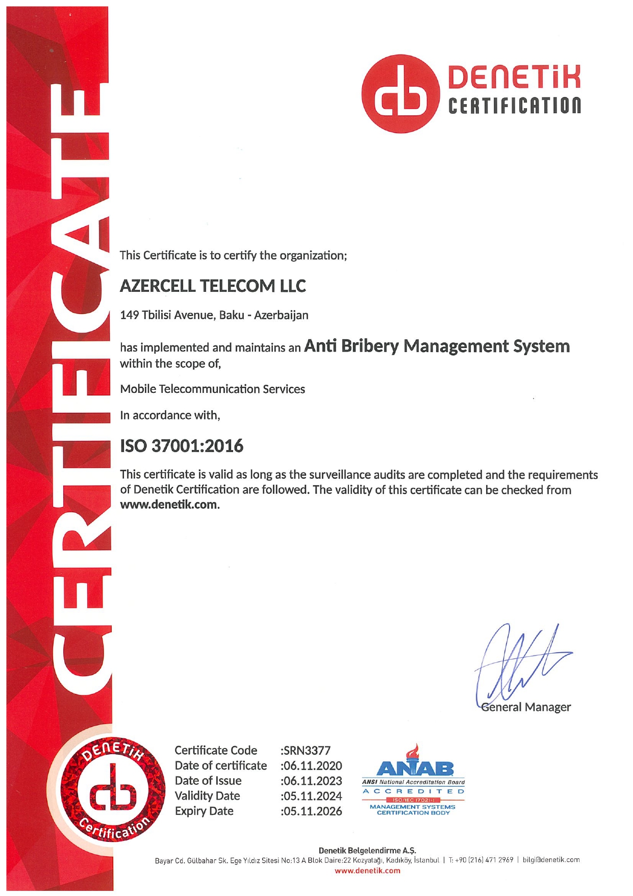 Azercell has successfully renewed its ISO 37001:2016 