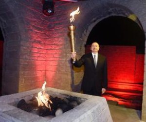 President Aliyev Captures Baku 2015 European Games Flame at Ancient Temple, Ateshgah