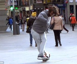 Cristiano Ronaldo disguised as bearded homeless man pulling freestyle tricks