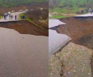 Qusarda kəndləri birləşdirən yolu sel aparıb - Video