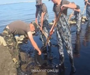Dübəndidə dəniz sahilində aşkar edilmiş neft qalıqları ərazidən kənarlaşdırılıb - Video