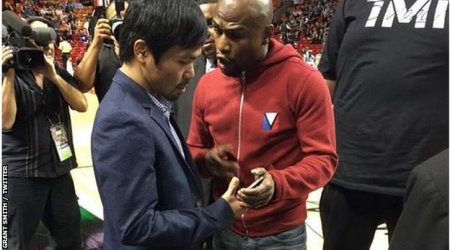 Floyd Mayweather & Manny Pacquiao talk at Miami Heat game