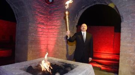 President Aliyev Captures Baku 2015 European Games Flame at Ancient Temple, Ateshgah