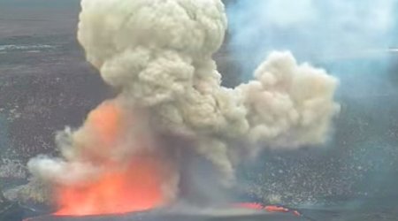 Hawaiian volcano explodes as crater wall collapses causing flaming lava lake blast