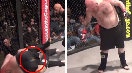 Toe-curling moment cage fighter is beaten so hard he poos himself in the ring