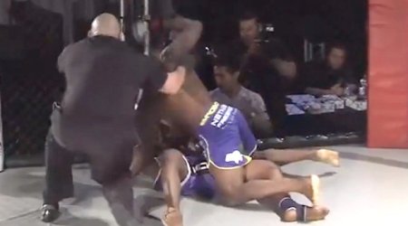 MMA fighter pummelling KOed opponent on floor gets shock of his life