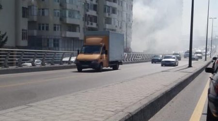 Bakıda bina yanıb - Fotolar + Video