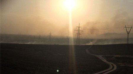 Daha bir güclü yanğın başladı: elektrik dirəkləri mühafizə edildi
