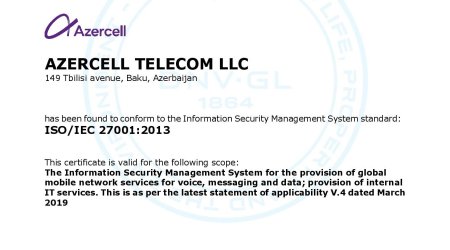 Azercell  получил ISO/IEC 27001