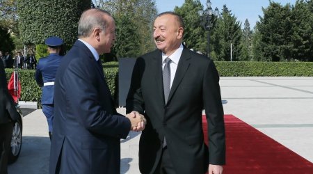 Ilham Aliyev meets Erdogan at Fuzuli International Airport