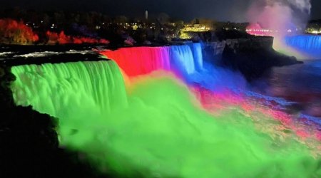 Niagara Falls lit up with colors of Azerbaijani flag