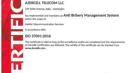Azercell в очередной раз удостоен сертификата соответствия стандарту ISO 37001:2016 «Системы менеджмента противодействия коррупции»