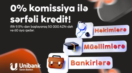 Unibank təhsil, səhiyyə və bank işçiləri üçün komissiyasız kredit kampaniyası keçirir