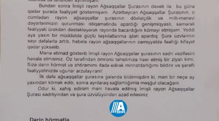 İmişli Ağsaqqallar Şurasına sədr təyin edilən Vahid Tağıyev istefa ərizəsi yazıb