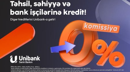 Kreditlərinizi “Unibank”a gətirin – komissiya 0%, illik faiz dərəcəsi cəmi 9.5%-dən
başlayır!