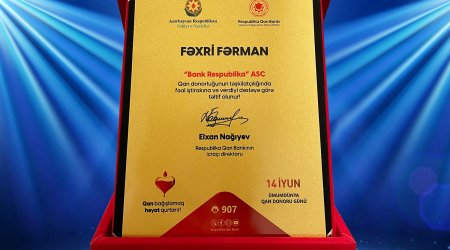 Bank Respublika qan donorluğunun inkişafına verdiyi töhfəyə görə mükafatlandırıldı