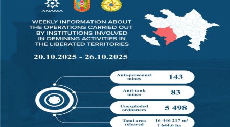 
На освобождённых территориях Азербайджана обнаружено ещё 226 мин и 5498 НРБ