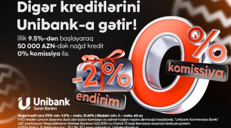 Unibank 0 % komissiyalı və 2 % endirimli kredit kampaniyası keçirir
