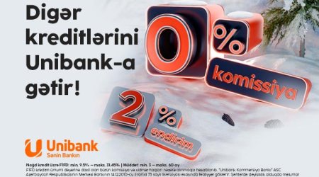 Unibankın 0 % komissiyalı, 2 % endirimli kredit kampaniyası davam edir