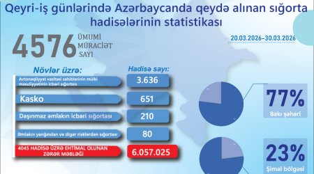Qeyri-iş günlərində Azərbaycanda 4,5 mindən çox sığorta hadisəsi qeydə alınıb