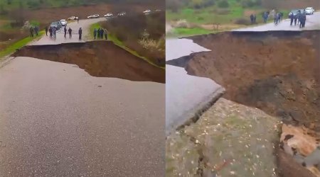 Qusarda kəndləri birləşdirən yolu sel aparıb - Video