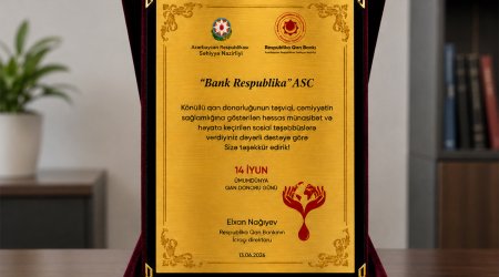 Bank Respublika qan donorluğuna dəstəyə görə təltif olundu