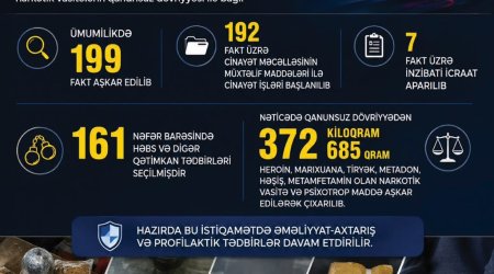 Son bir ayda narkotiklə bağlı 199 fakt aşkarlanıb, 372 kiloqramdan çox narkotik götürülüb - Video