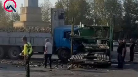 Yevlaxda yük maşınları toqquşub, xəsarət alan var