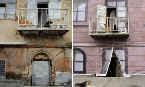 Dilapidated buildings in Yerevan "camouflaged" before Hollande visit