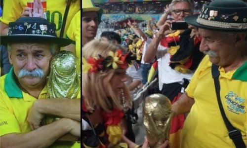 'Saddest man in Brazil' actually quite chipper, gives German fan trophy - VIDEO