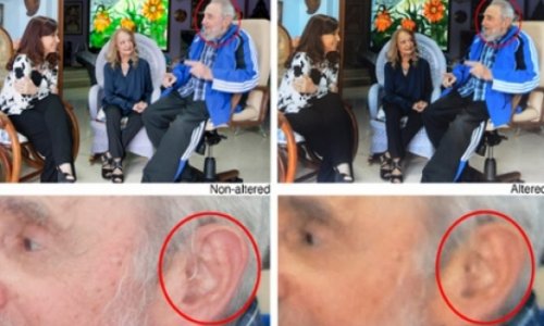 Fidel Castro's hearing aid Photoshopped out