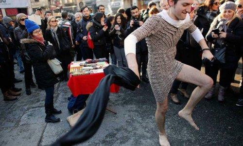 Turkish men take to Istanbul's streets in skirts to protest death of young woman