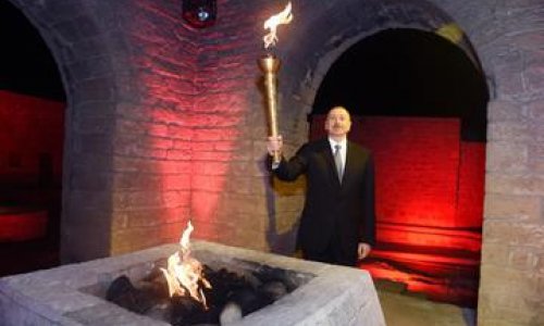 President Aliyev Captures Baku 2015 European Games Flame at Ancient Temple, Ateshgah