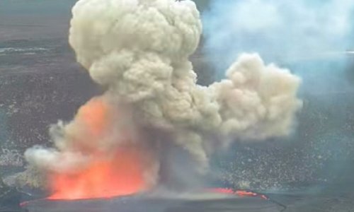 Hawaiian volcano explodes as crater wall collapses causing flaming lava lake blast