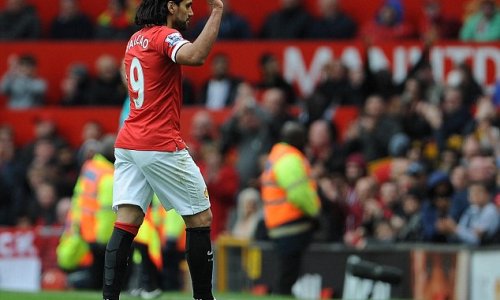 Radamel Falcao waves goodbye to Manchester United fans