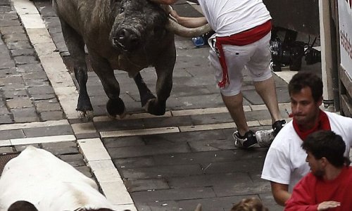 Runner is gored by a bull during the annual festival in Pamplona