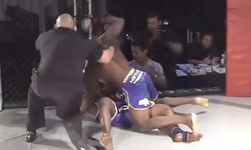 MMA fighter pummelling KOed opponent on floor gets shock of his life