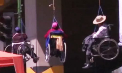 Wheelchair users dangle from bridge in extreme anti government protest