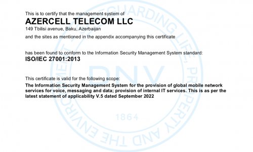 Azercell affirms its customer information protection practice accords with international standards once again