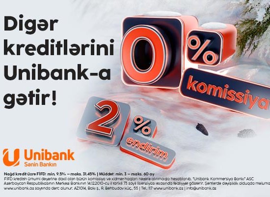 Unibankdan Yeni ilin ilk kredit kampaniyası: 0 % komissiya və faizlərə endirim!