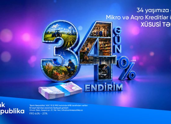 Bank Respublika sahibkarlara &ldquo;34 GÜN - 34% ENDİRİM&rdquo; kampaniyasına start verib