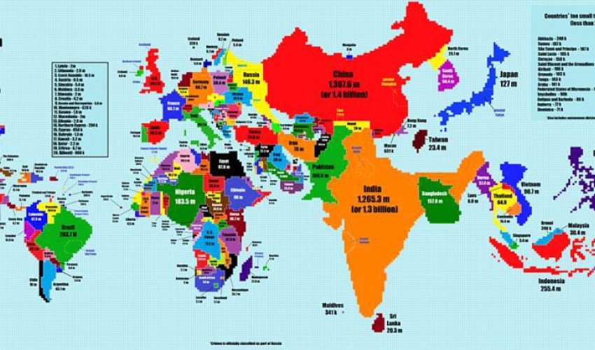 World map shows country size based on population and not land mass World map shows country size based on population and not land mass