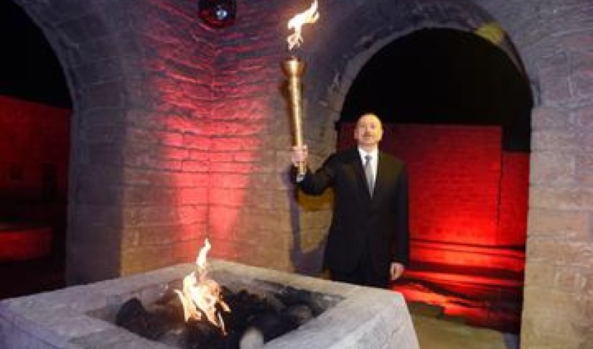 President Aliyev Captures Baku 2015 European Games Flame at Ancient Temple, Ateshgah