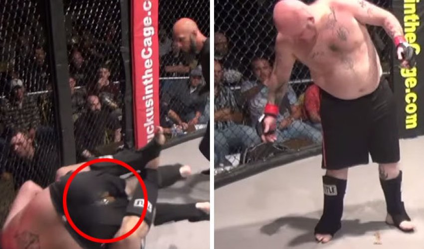 Toe-curling moment cage fighter is beaten so hard he poos himself in the ring